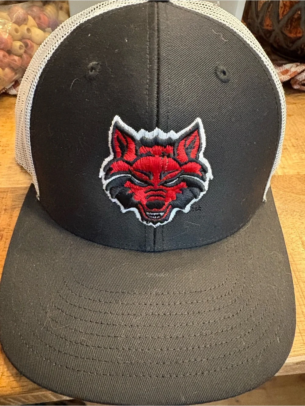 Kids Black and White Trucker Cap with Red Wolves